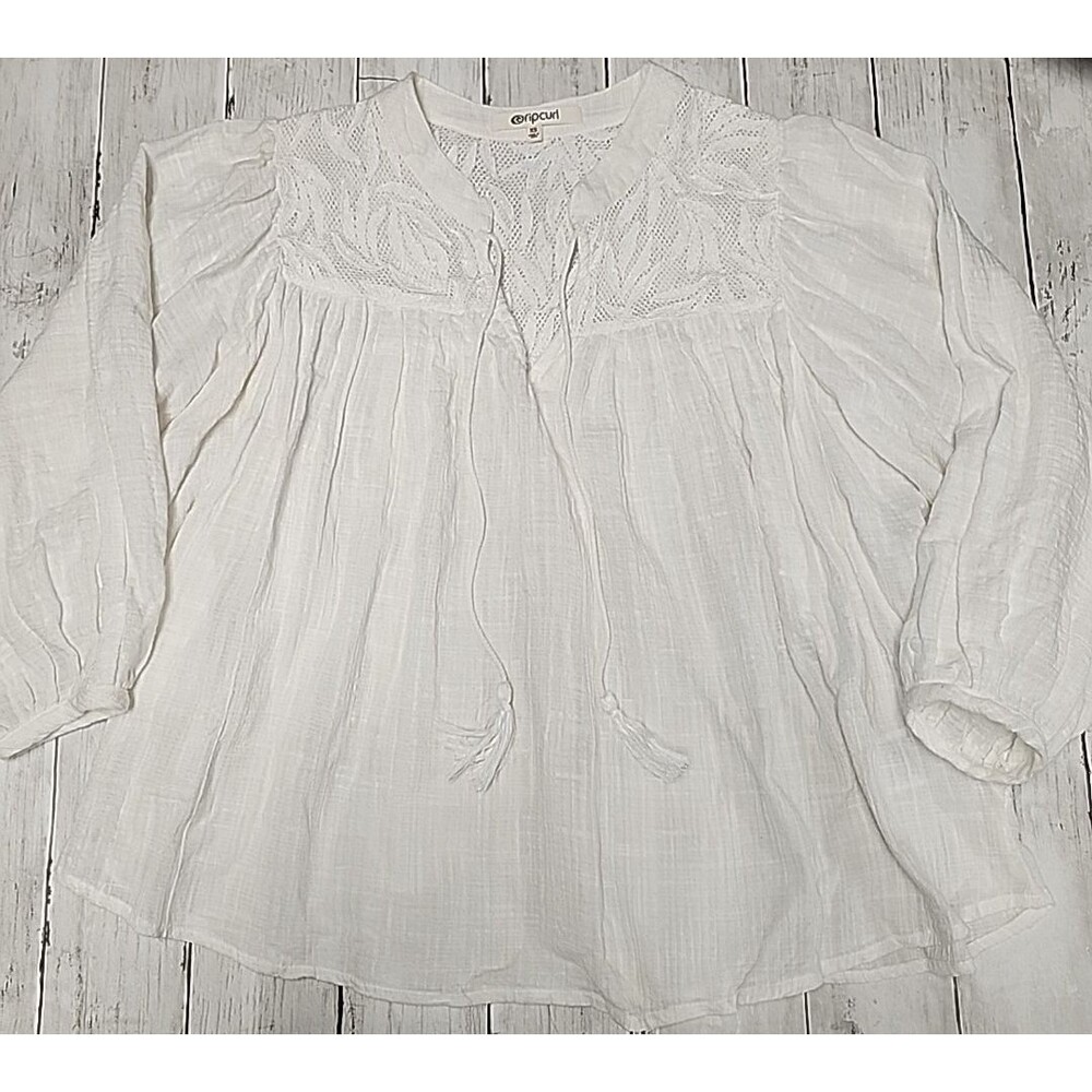 Rip Curl Boho Women's Top XS Cotton Lace Fairycore Flowy Tassels Bell Sleeves